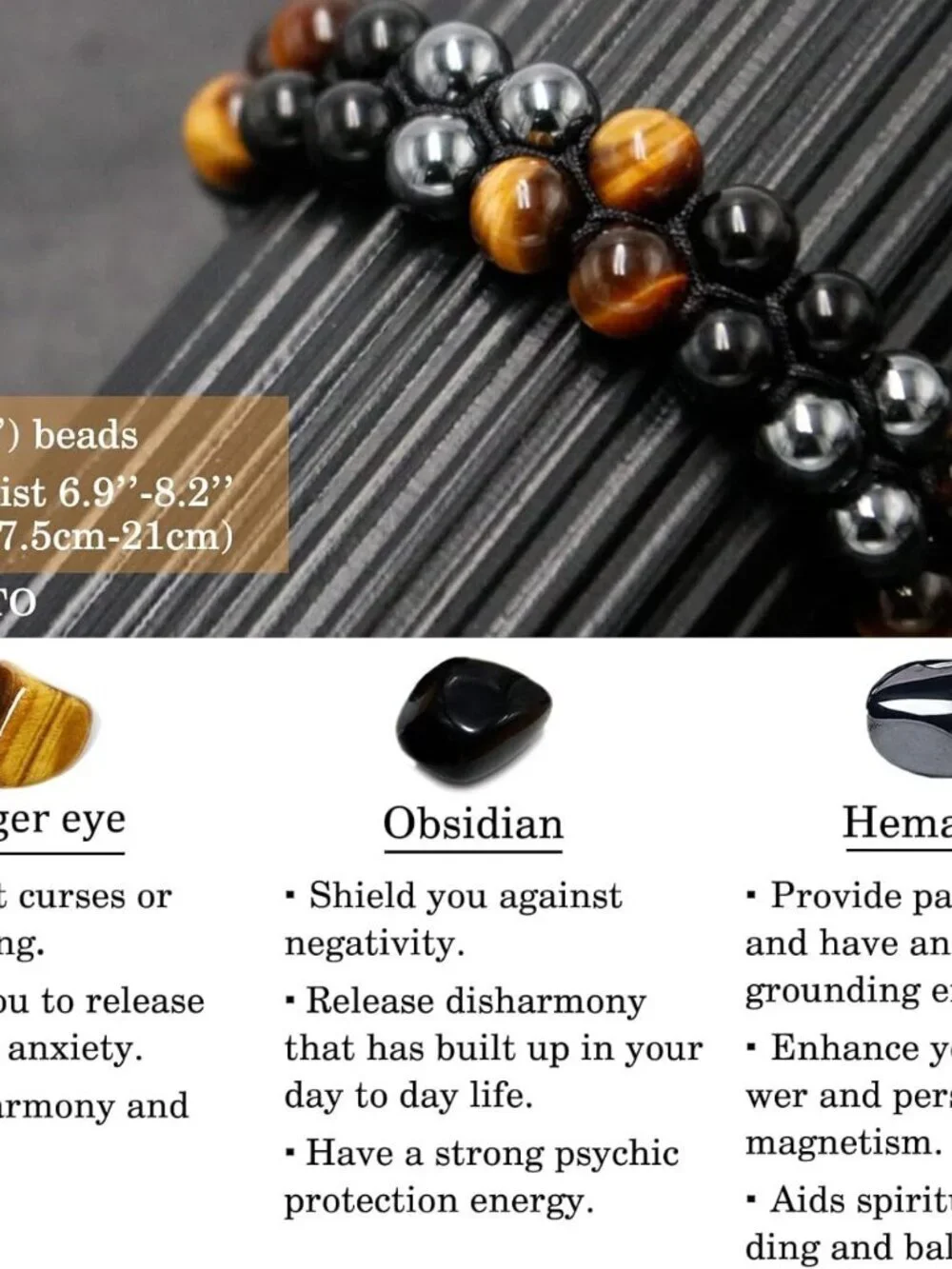 Tiger Eye Obsidian Hematite Protection Bracelet Dear Father Gift Adjustable